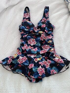 Alisha Levine Navy Floral Ruffle One-Piece Swimsuit
